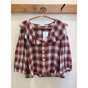 Zara red plaid ruffle collar blouse, XL